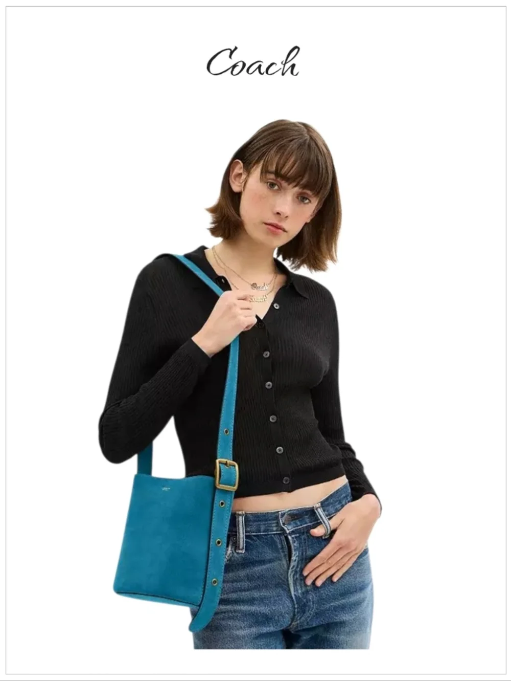 Coach Bleecker Bucket Bag 21 Sea Blue Suede Crossbody Purse Pouch